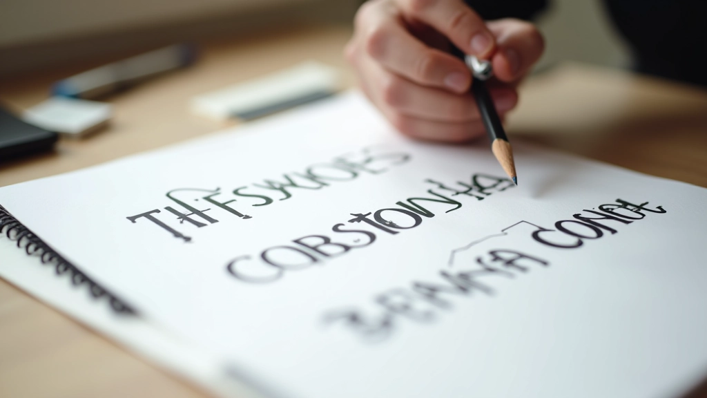 Closeup na papírové vzorky typografických testů s tužkou, ukazující proces výběru písma